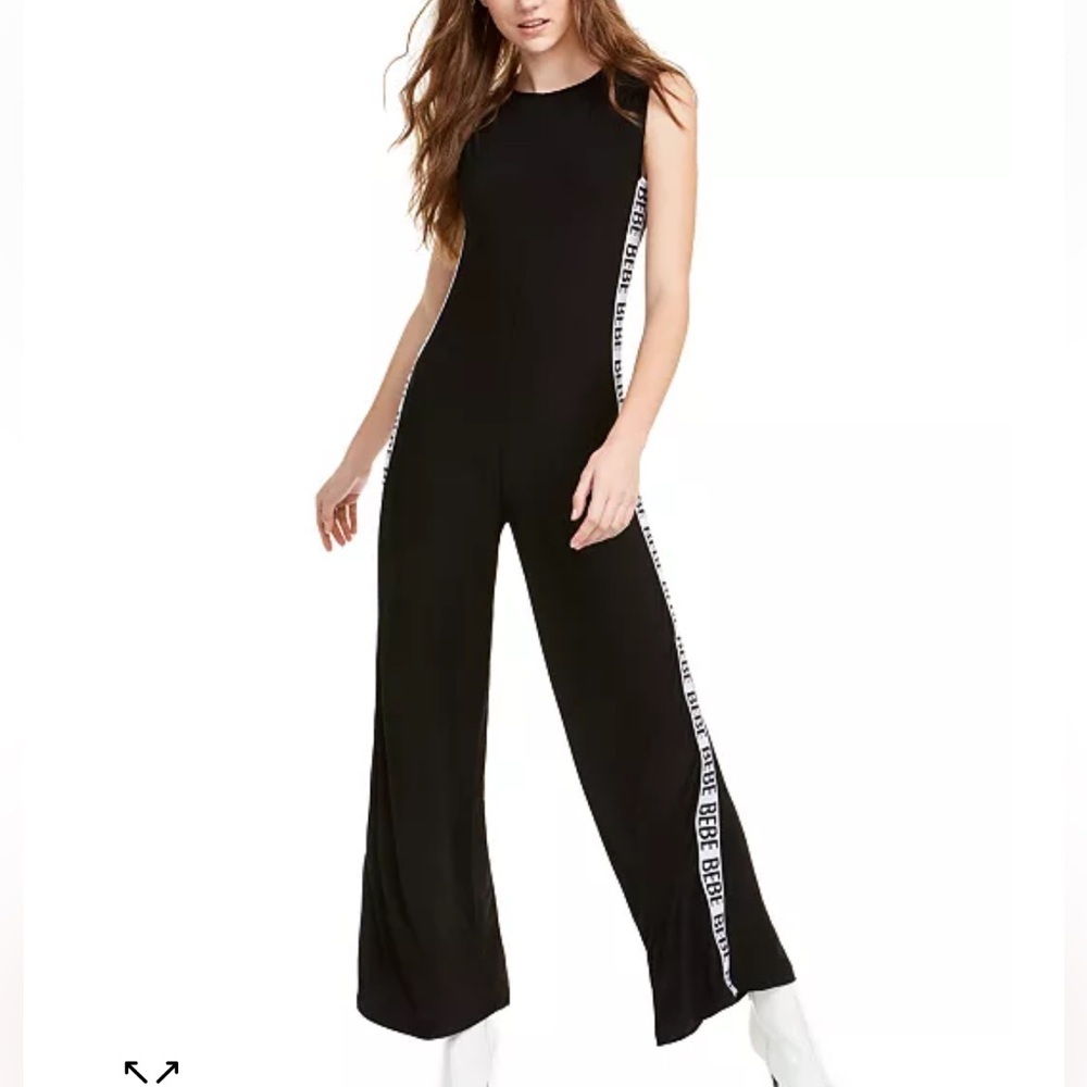 BEBE Logo-Stripe Black & White Wide Leg Women’s Jumpsuit, Size 1X - Picture 2 of 11